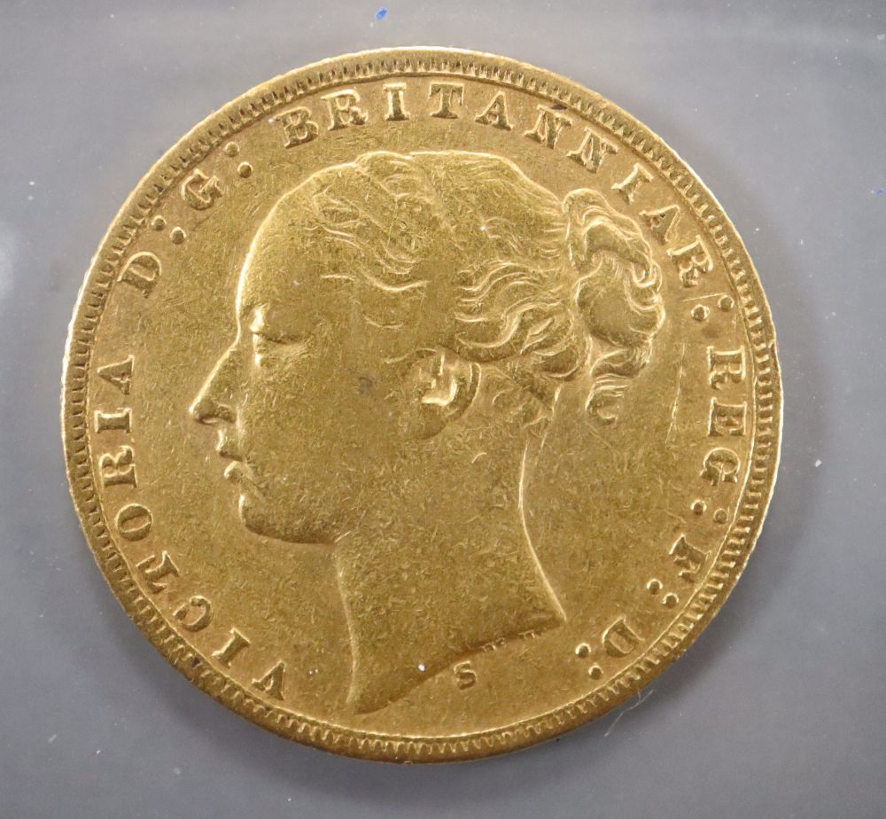 A Victorian gold sovereign, 1874S, F.